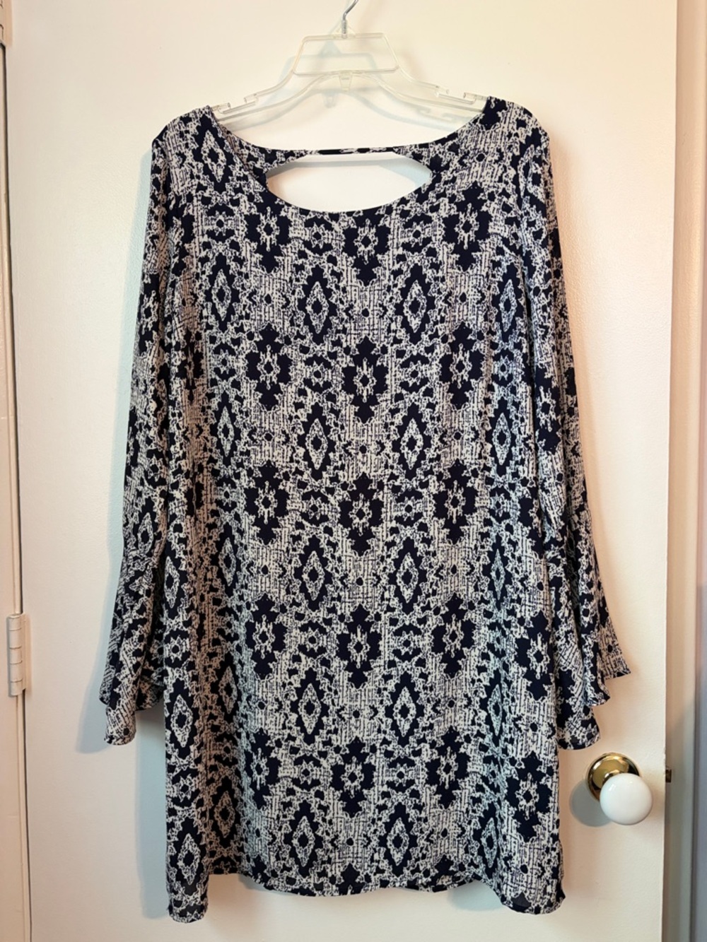 Navy and Cream Printed Cutout Back Midi Dress